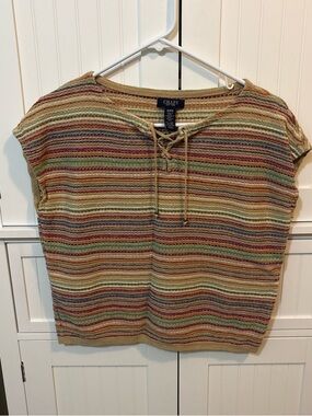 Chaps Lace Up Striped Knit Top Size M Boho Earth Tone Sweater